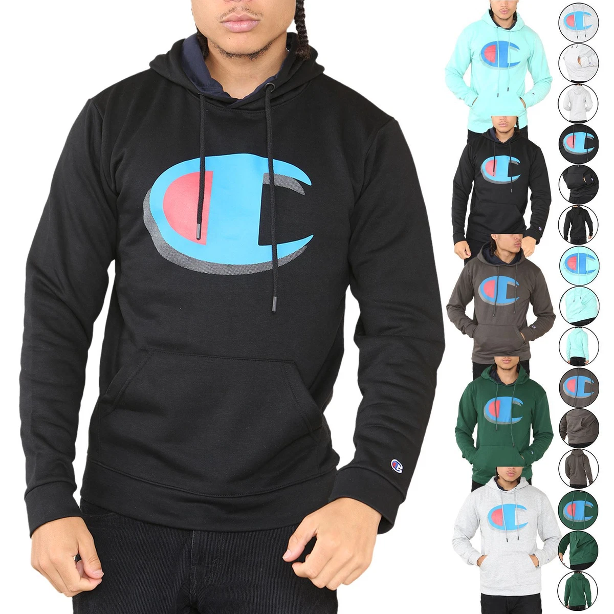 Mens CHAMPION Logo Hoodie Printed Hooded Sweatshirt Pullover Jumper Top XS- 3XL | eBay