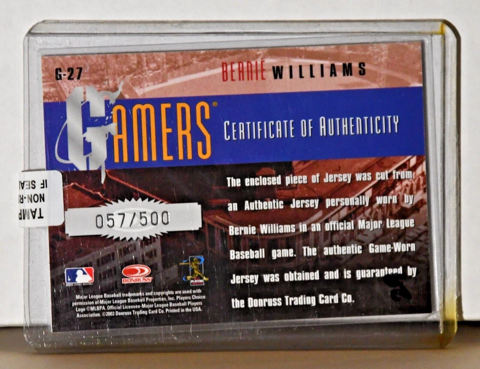 2003 Donruss Gamers /500 Bernie Williams Authentic Game Worn Jersey swatch #G-27 - Image 2 of 2