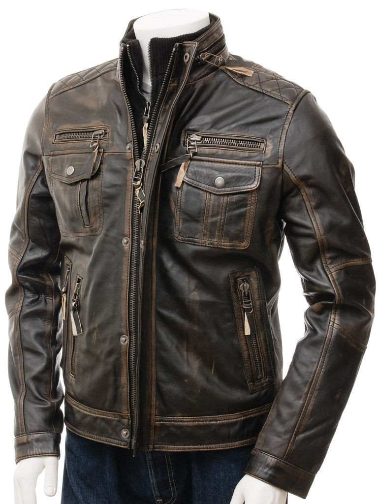 Mens Vintage Distressed Faded Seams Cafe Racer Cowhide