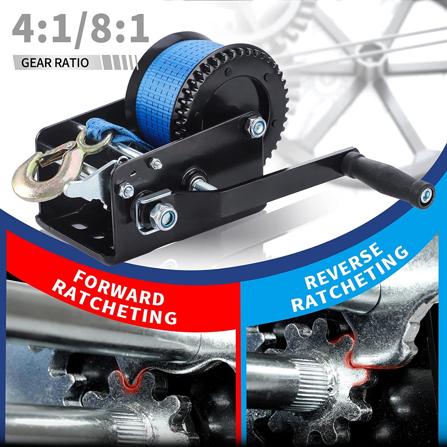 Heavy Duty 32ft 3200LBS Hand Winch Hand Crank 2 Gear Polyester Strap Trailer USA