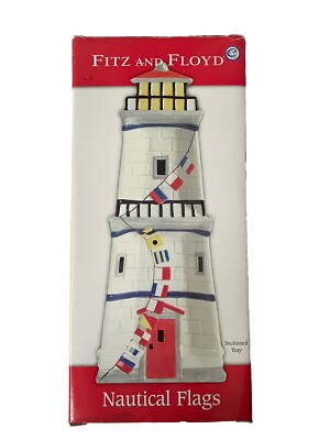 FITZ & FLOYD  NAUTICAL FLAGS  TWO SECTION CERAMIC LIGHTHOUSE SERVING TRAY