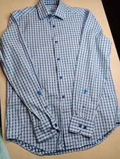 Bugatchi Uomo Blue Plaid Men's Dress Shirt Long Sleeve 15 1/2 34/35 100 Cotton