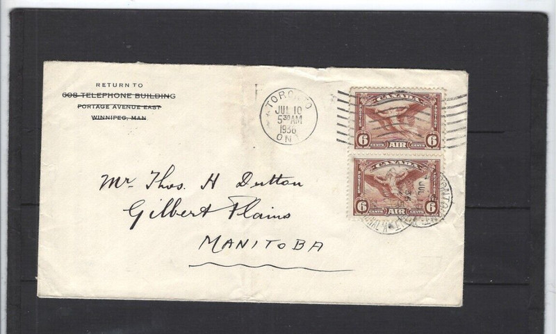 CANADA-COVER-1936-AIR-PAIR 6 C BROWN-NICE TORONTO STRIKES-TO MANITOBA-F-GORGEOUS
