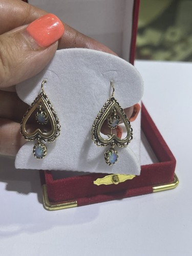 Antique 14k Yellow Gold Hearts Australian Fire Opal Dangle Earrings - Picture 13 of 15