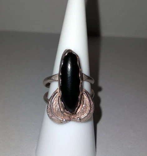 Onyx with leaves Sterling Silver Knuckle Ring Vintage Native Style Size 6