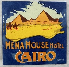Vintage Mena House Hotel Cairo Egypt Luggage Label Tag 3.75" Pyramids Camels