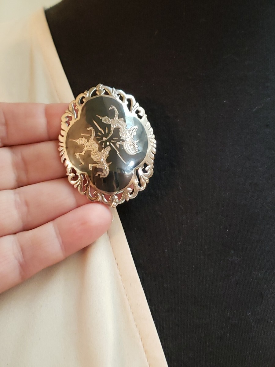 Vintage SIAM STERLING SILVER LARGE Oval Pin Brooch, Scrolled