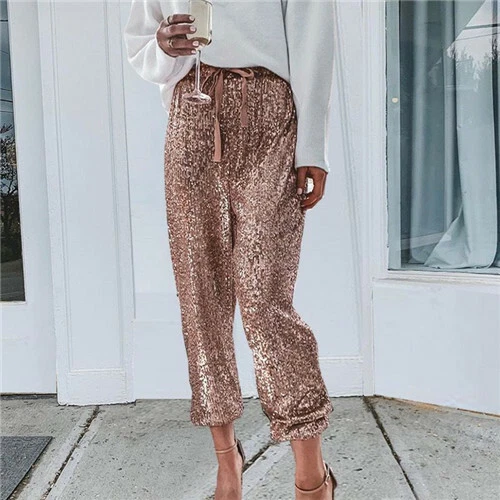 Women&#039;s Sequin Pants Fashion Glitter Bling High Drawstring Loose Trousers | eBay