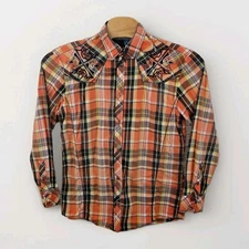 Roar Signature Mens XL Plaid Button Up Shirt Embroidered Orange Black Western Y2