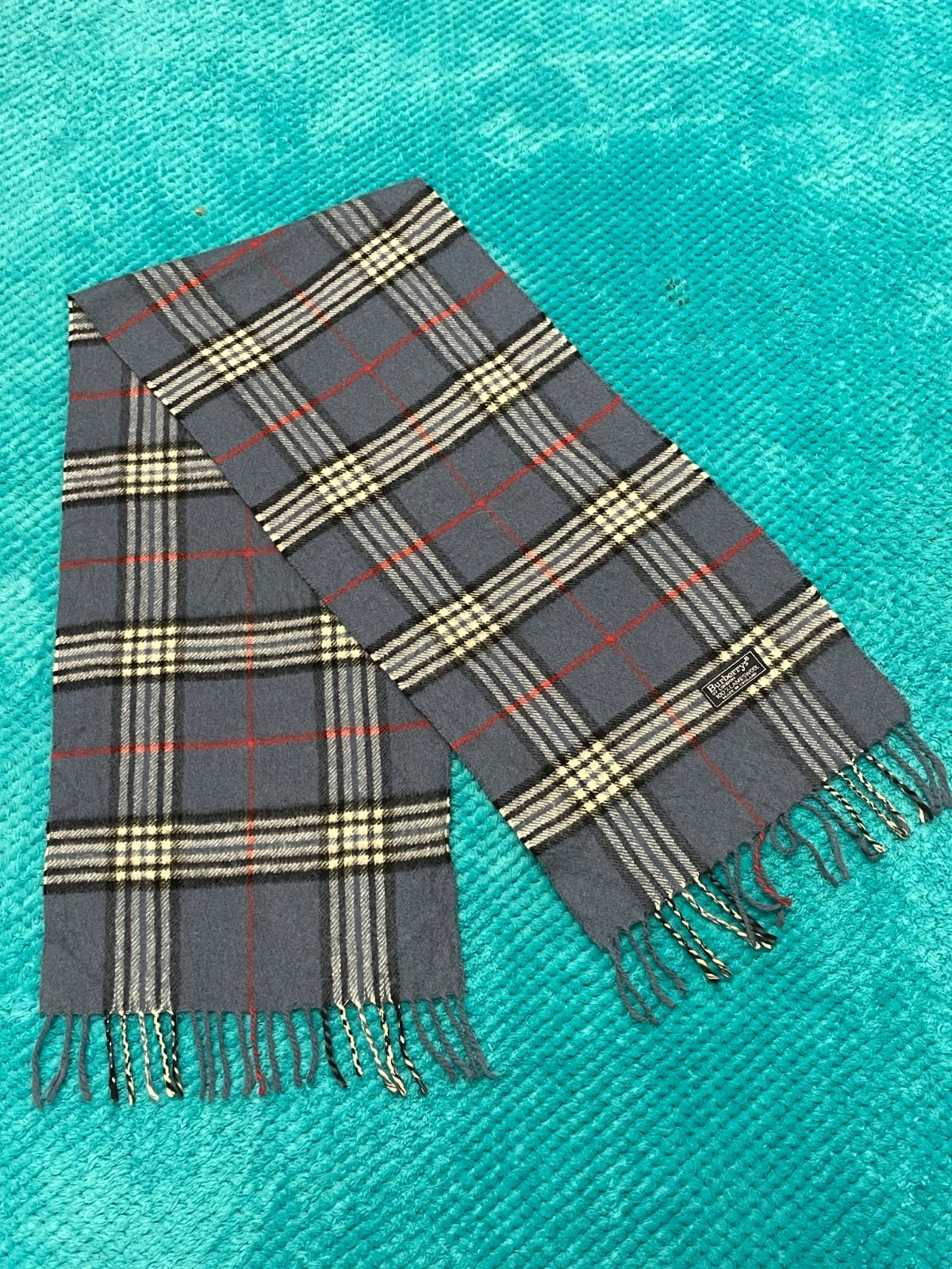 Child’s Burberry Vintage Scarf Turquoise, Black & White Check 125/ 28cm Preloved image 10