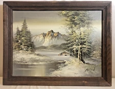 Antique 19th Century Oil Painting Winter Mountain Cabin Landscape Almon Baldwin
