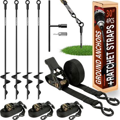 Ground Anchors Screw in Kit with Ratchet Straps (18  24  30 , 3/4 Pack) - Fully