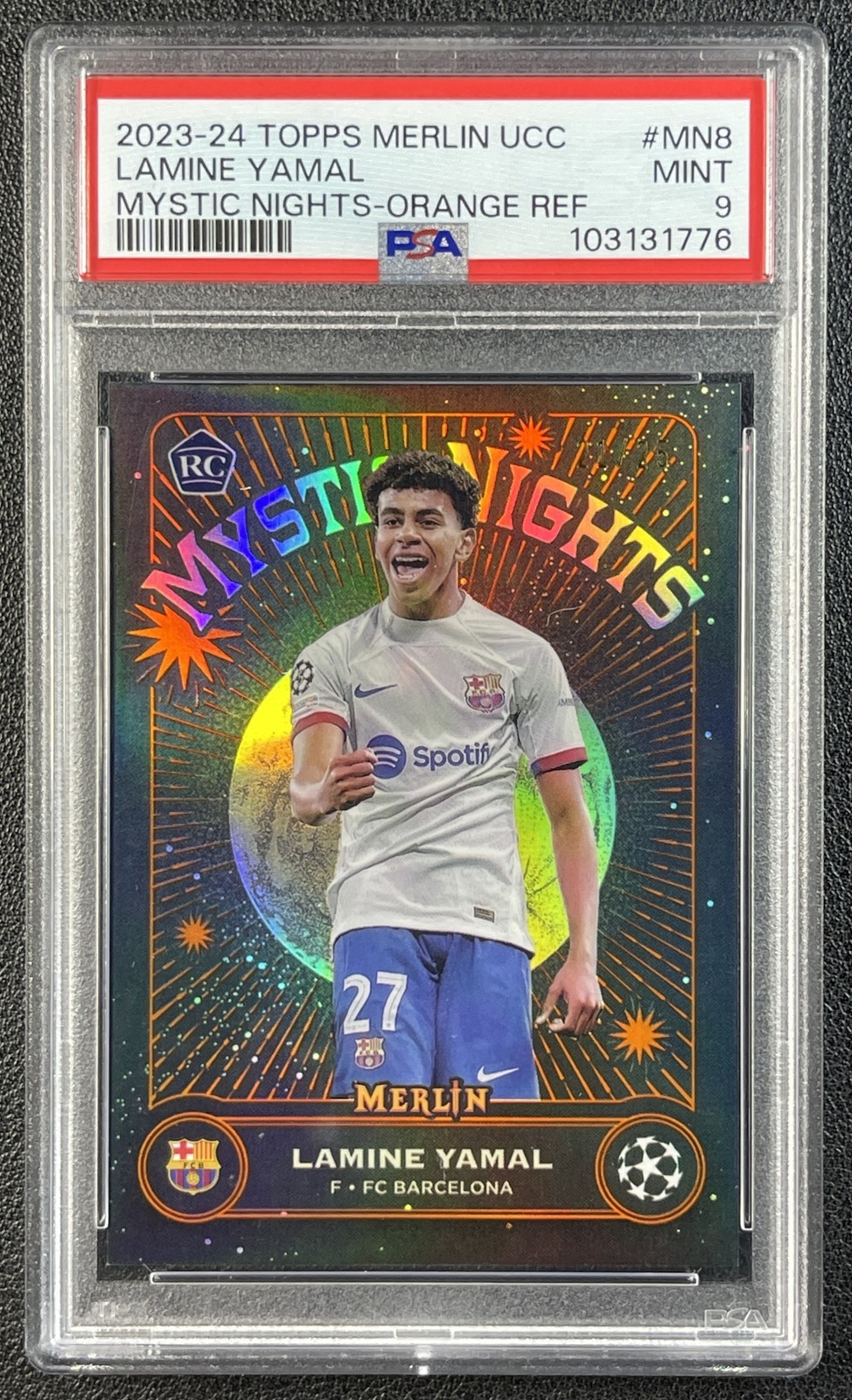 LAMINE YAMAL PSA 9 2023-24 TOPPS CHROME MERLIN UCC MYSTIC NIGHTS ORANGE RC 21/25