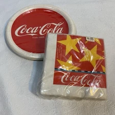 Vintage 1988 COCA-COLA Beverage Napkins 24ct and 7" Appetizer Plates NIP Props