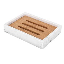 Bamboo Soap Dish, Resin Soap Holder with Drainage, Wooden Soap Dish for White