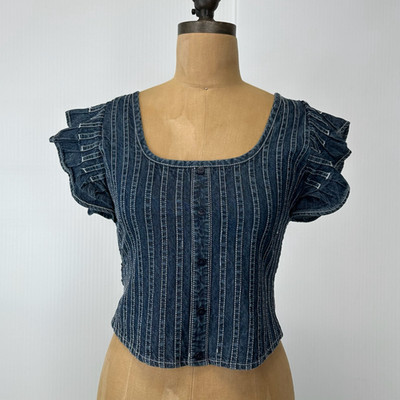Berenice Blouse Women Small Pleat Smock Square Ruffle Stripe Work Party Core Ni