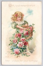 Vintage Raphael Tuck Birthday Postcard Girl with Roses Embossed