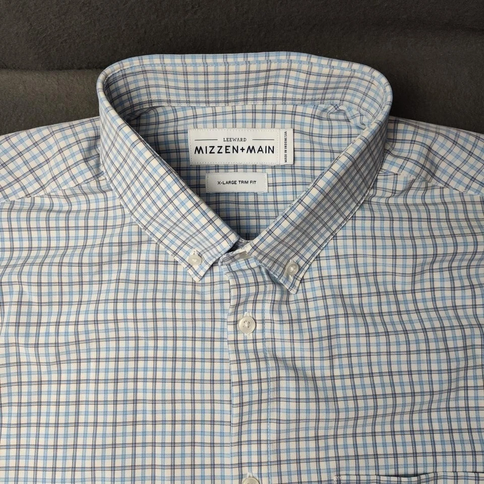 Mizzen+Main Shirt Mens XL Blue Plaid Leeward Trim Fit Short Sleeve Button Down - Image 3 of 4
