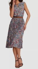 T Tahari Women's Blue Paisley-Print Pleated-Skirt Dress Size L