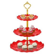3-Tier Cupcake Stand Holder, Plastic Tiered Serving Dessert Tower, Red
