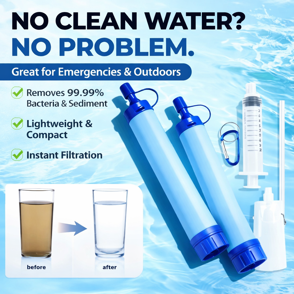 survival water purification kit with metal pot, chlorine dioxide tablets, filter straw, lighter, duct tape, plastic bags