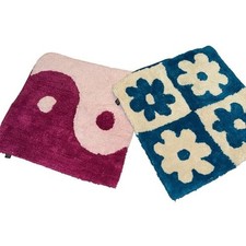 2 Pillow Cushion Covers Shaggy Flowers Ying Yang 16 x 16 Zip Cream Blue Pink