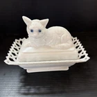 Vintage Westmoreland Milk Glass Cat On Lace Basket Dish Blue Glass Eyes 8”