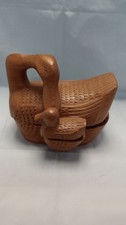 Vintage Hand Carved Teak Wood Duck & Duckling Trinket Box Folk Art Storage Box