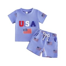 Toddler Boy 4th of July Outfit American Flag Embroidered 12-18 Months Blue B