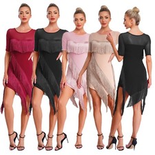 Womens Dress Rumba Outfits Tango Dancewear Latin Tiered Singer Tassel Shoulder