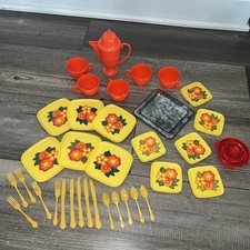 Vintage 1970s Tea Set Plastic Plates Yellow Flowers Orange Cups Lot