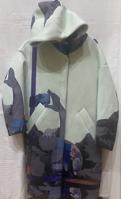 MOVEUP Women Printed Long Parka w/Hood | Multi Graphic - Mint Grn | Women Medium