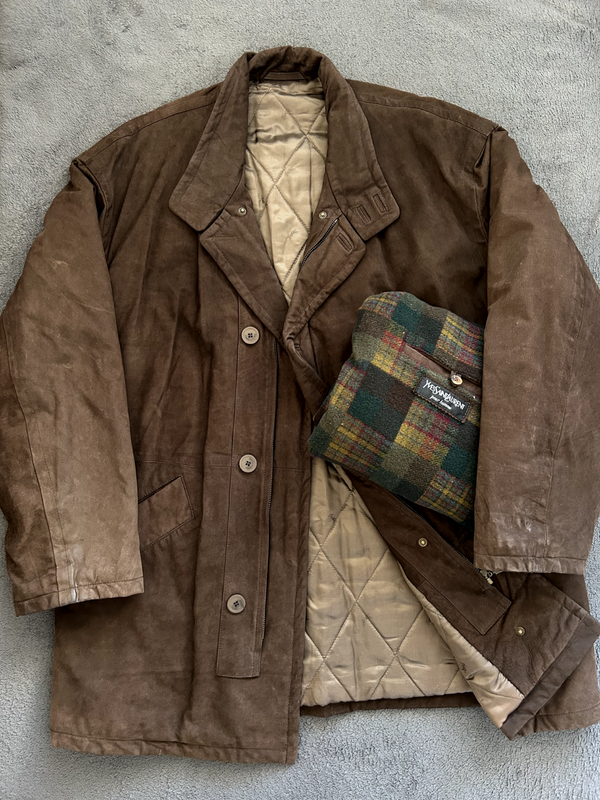 Giacca Yves Saint Laurent Nubuck Pelle Spazzolata Marrone XL Uomo Rivestita Lana