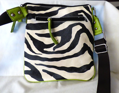 1980s Vintage Leather Zebra Black White Stripe Cross Body Bag Lime