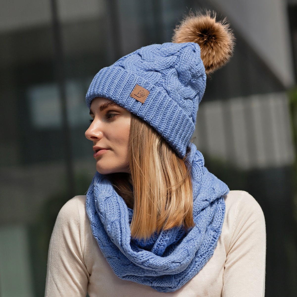 Cozy Knit Hat and Scarf Set - White and Blue Hat Scarf and Gloves Set - Blue Cozy Winter Accessories  main image 4