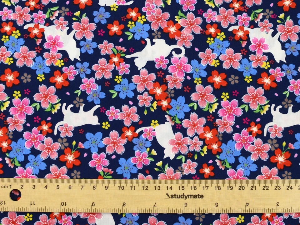 Cats & Cherry Blossom On Blue 100% Cotton Fat Quarter Fabric Quilting FQ #0180 - image 3 of 4