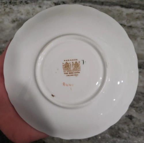 Vintage Paragon Beige Saucer Cobalt Blue Rim Golden Ornament Floral Center A441 - Picture 14 of 15