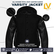 Varsity Letterman Jacket For Men Women  Kids Solid Black Hooded Body and Sleeve