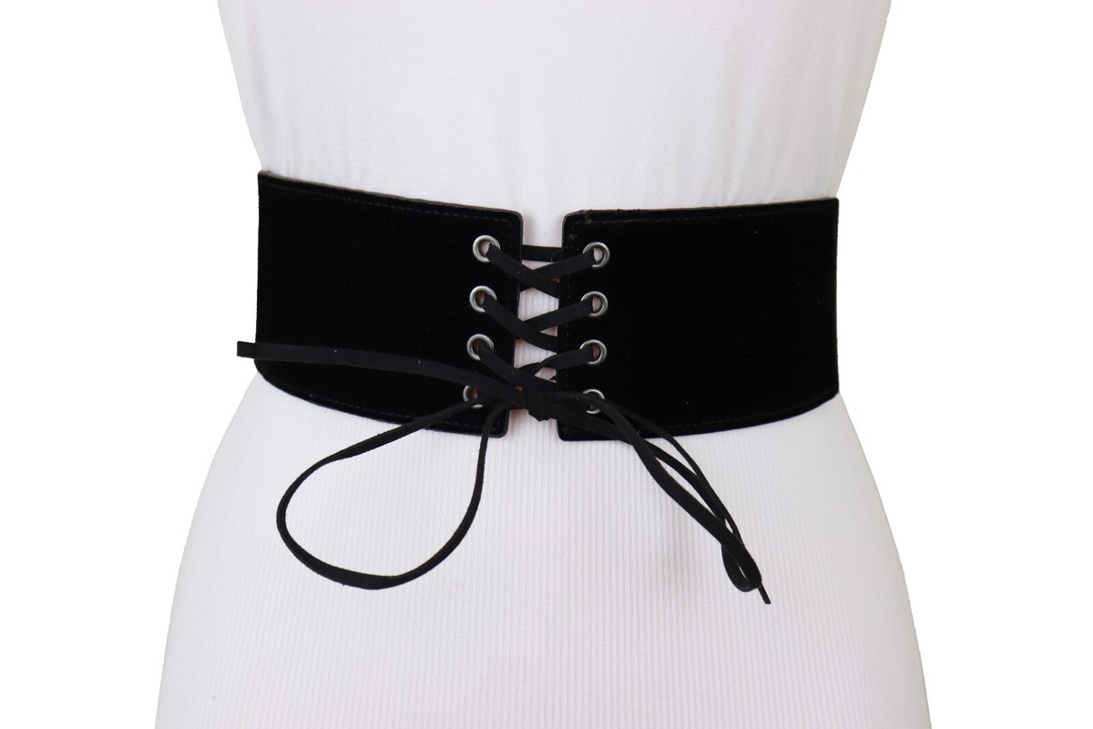 Women Black Faux Suede Leather Elastic Fabric Strap Corset