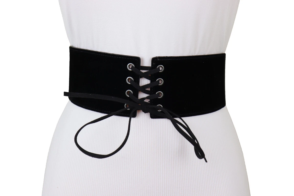 Women Black Faux Suede Leather Elastic Fabric Strap Corset High Waist Belt  S M