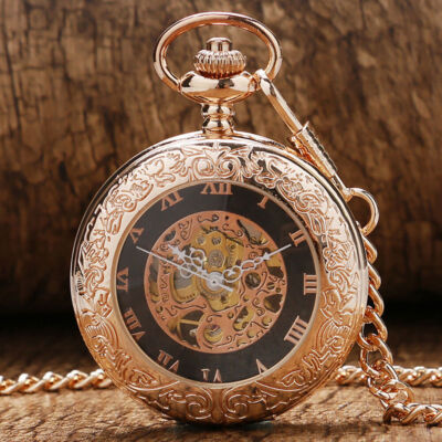 Vintage Rose Golden Mechanical Hand Winding Pocket Watch Pendant Chain Gift 