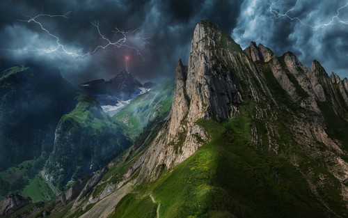 Landscape mountains lightning nature clouds storm path Custom Gaming Mat Desk - 第 1/1 張圖片
