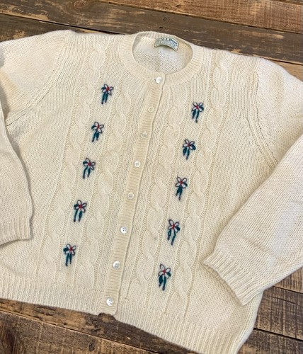 Cárdigan vintage LL Bean Shetland lana XL floral marfil casa núcleo tejido suéter - Imagen 2 de 8