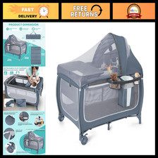 4-in-1 Baby Bedside Bassinet Sleeper Crib with Mosquito Net, Toys Music Box, F