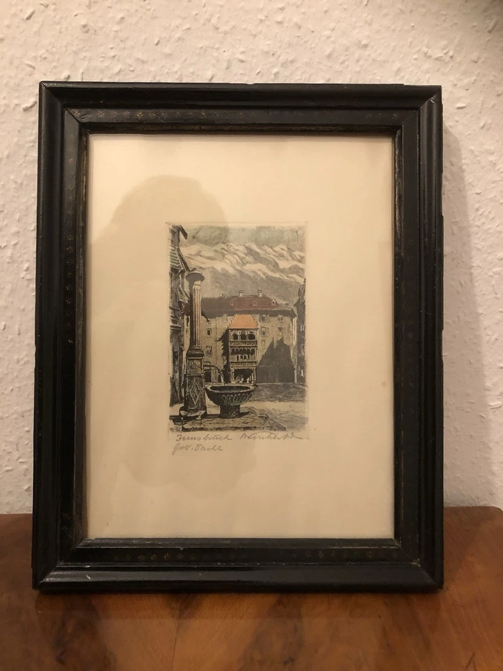 Radierung kolorierte Lithografie Innsbruck Brunnen Goldenes Dachl - Bild 2 von 4