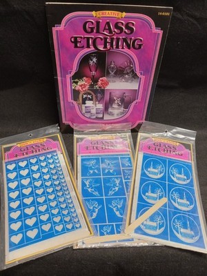 Vtg Lot Of 3 Rub n Etch Glass Etching Stencils with Stensil Book  