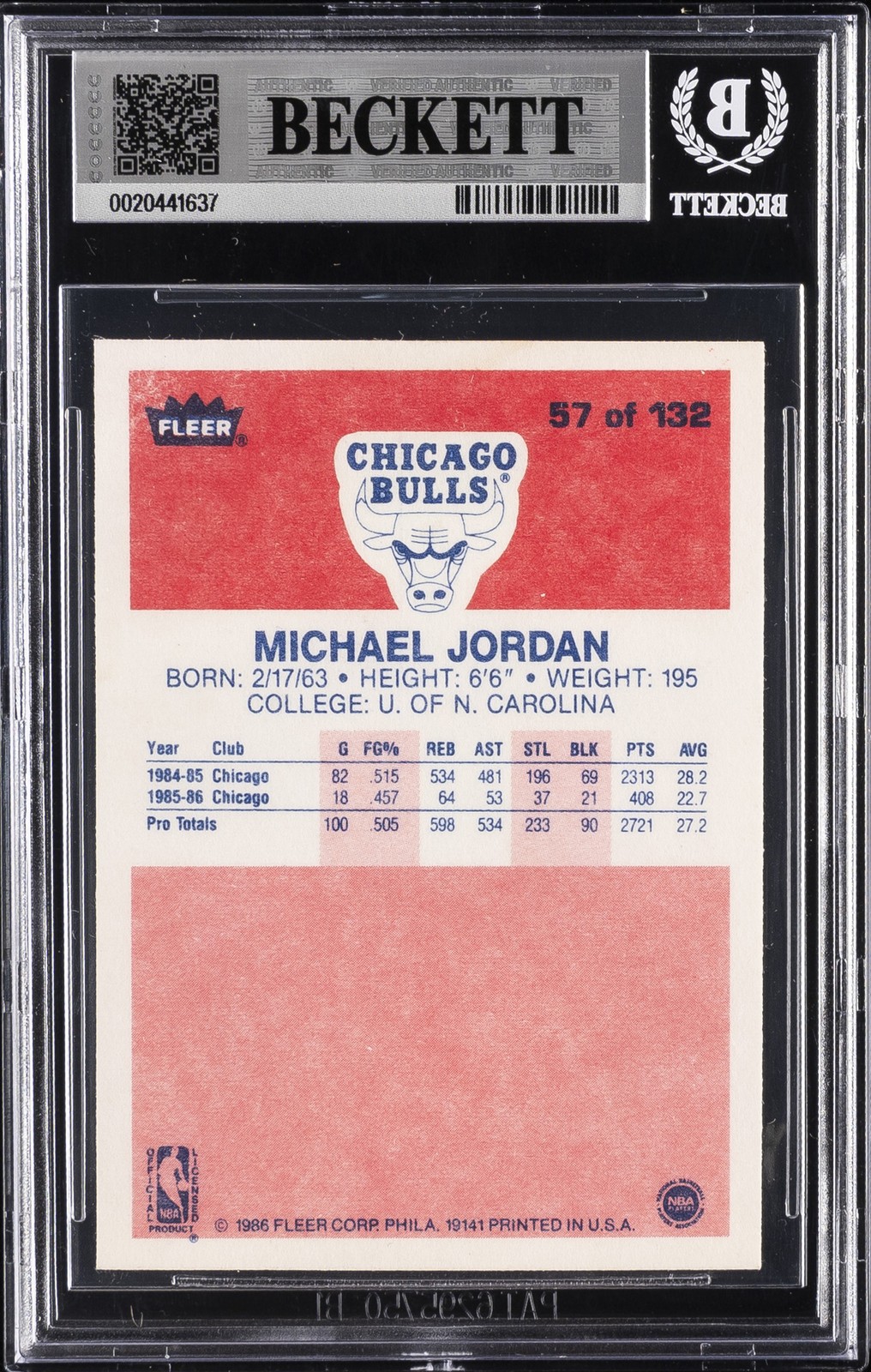 1986 FLEER #57 MICHAEL JORDAN ROOKIE RC BGS AUTHENTIC ALTERED view 2