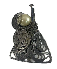 Kat's Creations Angel Brooch Pin Rhinestone and Faux Pearl with Trumpet 2.5”