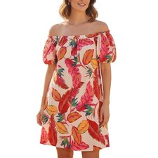 Nine West Tropical Leaf Off Shoulder Dress Small Puff Sleeve Vacation Pockets