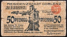 COBLENZ / KOBLENZ 1917 RARE 50 Pfennig Complete German Notgeld Knight Sword